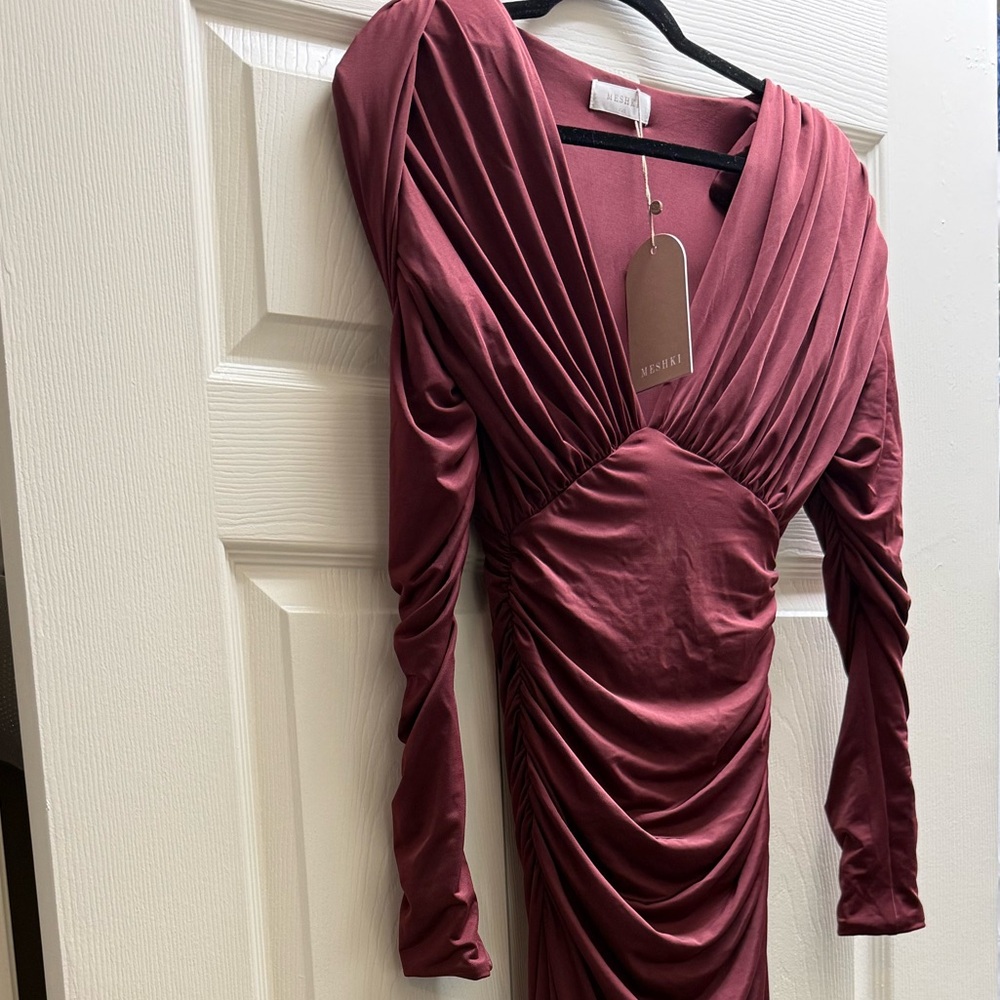Meshki Burgundy Long Sleeve Ruched Dress